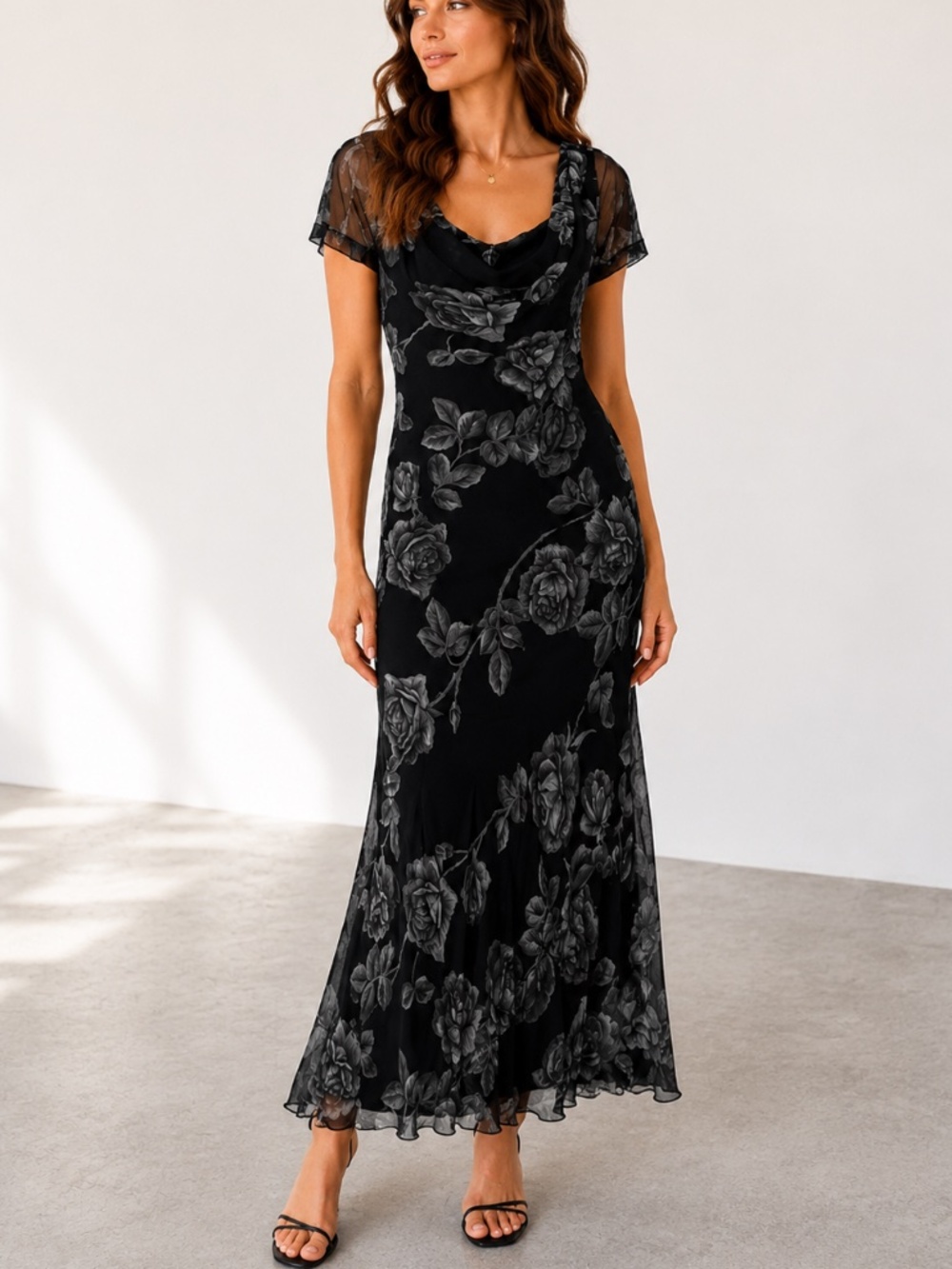 STARINA VTG Floral Chiffon Cowl Neck Double Layer Maxi Dress 90s Goth Grunge M